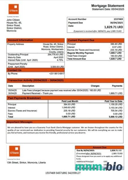 Liberia Guaranty Trust Bank Liberia wyciąg z kredytu hipotecznego szablon Word i PDF